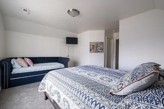 1042 W 500 S, Provo, UT 84601 - bedroom featuring carpet, visible vents, vaulted ceiling, and a textured ceiling