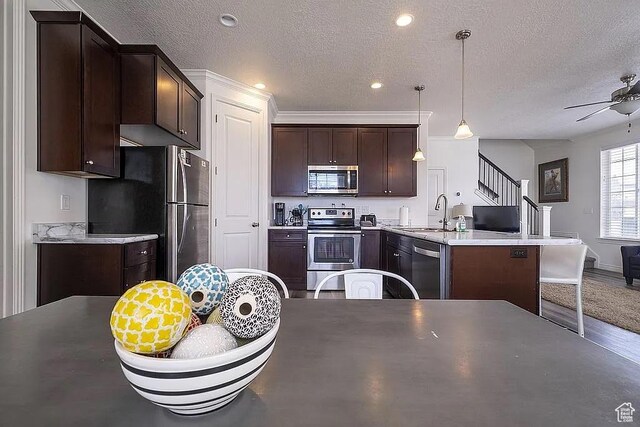 1042 W 500 S, Provo, UT 84601 - kitchen with a peninsula, stainless steel appliances, dark brown cabinets, light countertops, and a sink