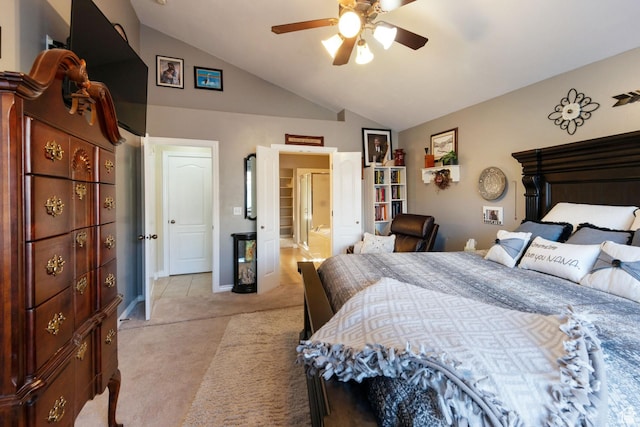 bedroom featuring vaulted ceiling, light colored carpet, baseboards, and ceiling fan