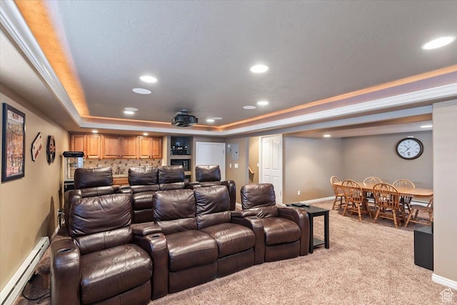 1004 W 4050 S, Riverdale, UT 84405 - carpeted cinema with a baseboard radiator, baseboards, a tray ceiling, and recessed lighting