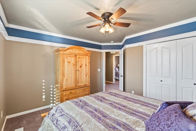 1004 W 4050 S, Riverdale, UT 84405 - bedroom with baseboards, crown molding, a textured ceiling, carpet flooring, and a closet