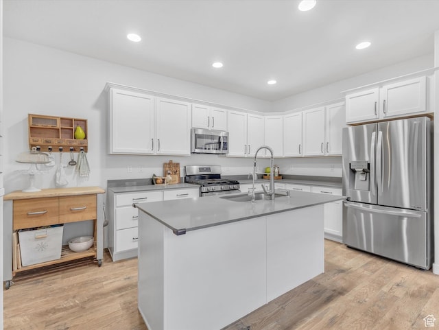 kitchen featuring light wood finished floors, appliances with stainless steel finishes, white cabinetry, a sink, and recessed lighting
