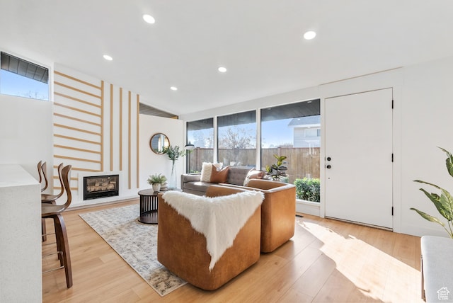 1379 E Sumac Way, Murray, UT 84121 - living area featuring plenty of natural light, light wood finished floors, a glass covered fireplace, and recessed lighting