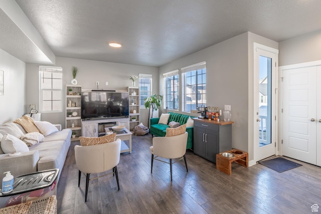 living area featuring dark wood-style floors and a textured ceiling