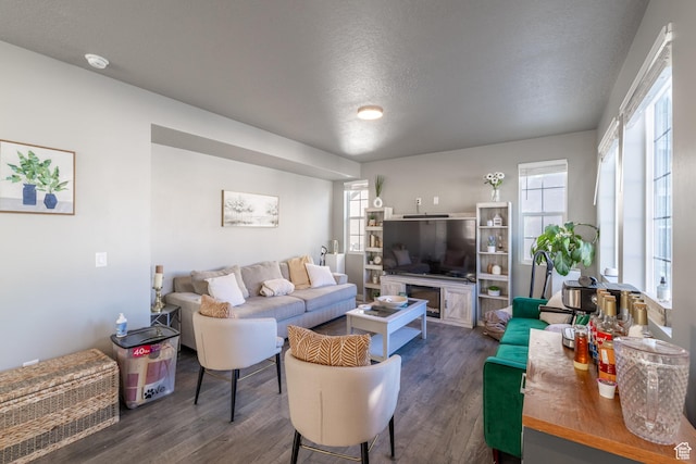 living room with a textured ceiling and dark wood-style flooring