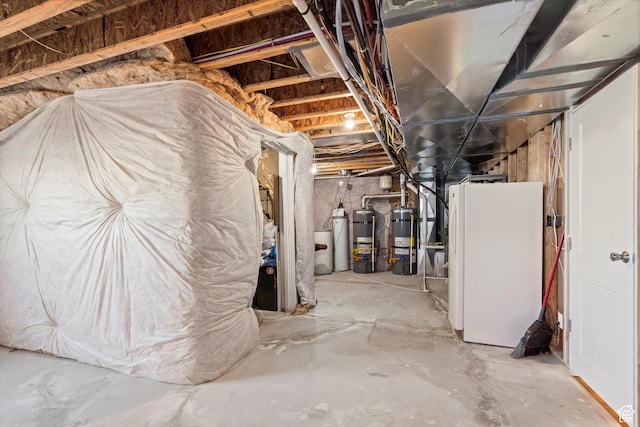 unfinished below grade area with freestanding refrigerator and secured water heater