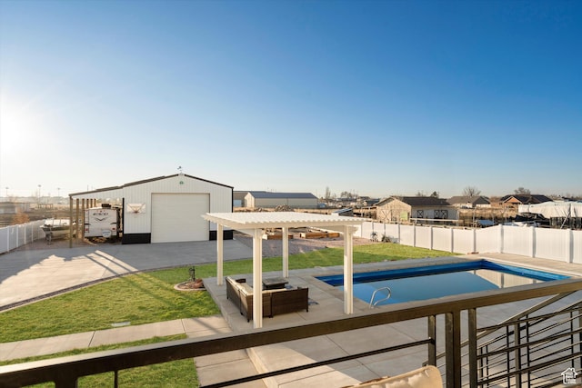view of swimming pool featuring an outdoor structure, a fenced backyard, a fenced in pool, and a pergola