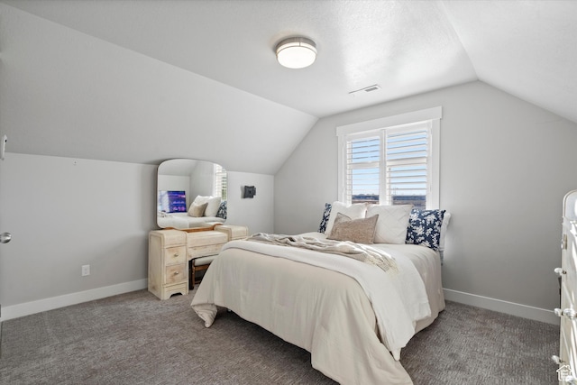 bedroom featuring light carpet, lofted ceiling, visible vents, and baseboards