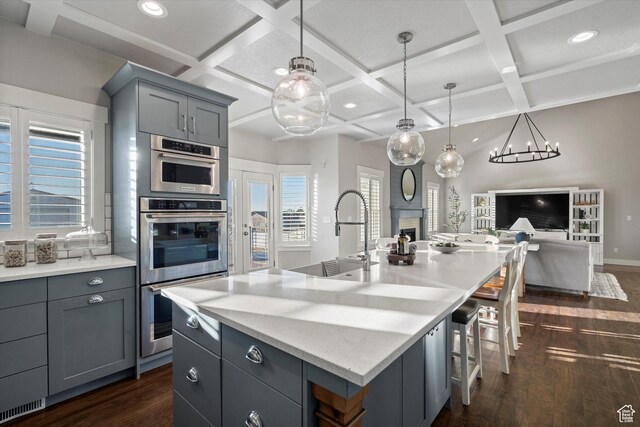 kitchen with dark wood-style flooring, gray cabinets, a fireplace, and open floor plan