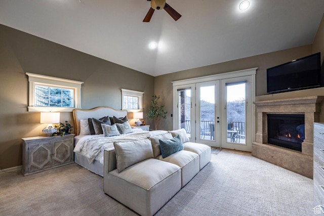 14794 S Vintage View Ln, Draper, UT 84020 - bedroom with access to exterior, a premium fireplace, vaulted ceiling, and carpet flooring