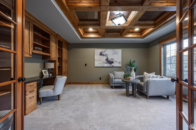 14794 S Vintage View Ln, Draper, UT 84020 - living area with beam ceiling, light colored carpet, built in study area, coffered ceiling, and baseboards