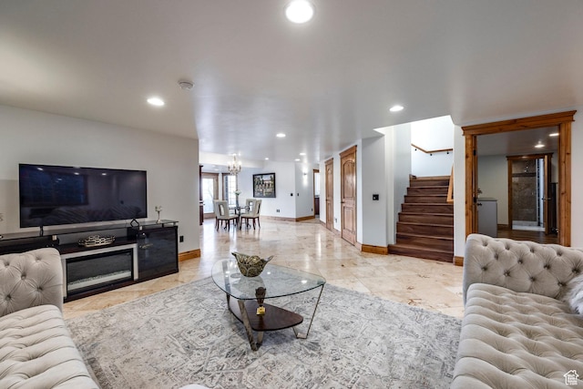 14794 S Vintage View Ln, Draper, UT 84020 - living area featuring baseboards, stairway, a notable chandelier, and recessed lighting