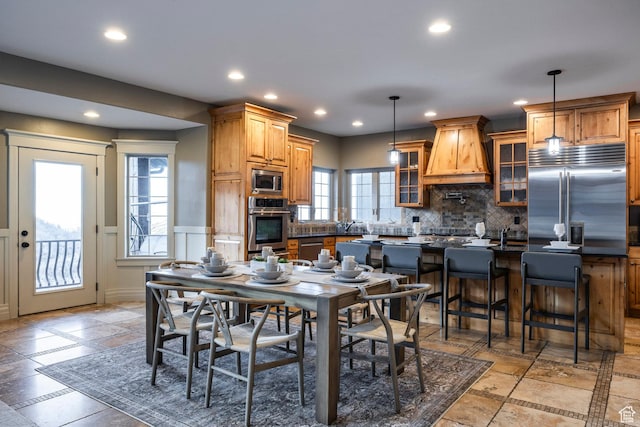 14794 S Vintage View Ln, Draper, UT 84020 - kitchen featuring dark countertops, custom range hood, recessed lighting, and built in appliances