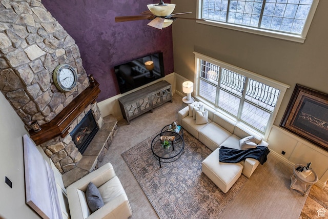 14794 S Vintage View Ln, Draper, UT 84020 - living area featuring ceiling fan and a fireplace