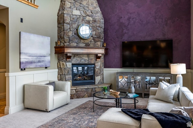 14794 S Vintage View Ln, Draper, UT 84020 - living area with a wainscoted wall, carpet floors, and a fireplace