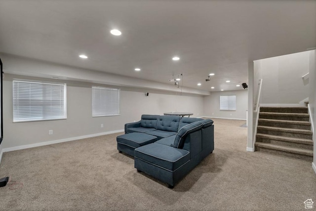 721 S Jubilee Dr, Saratoga Springs, UT 84045 - living room with stairs, baseboards, carpet flooring, and recessed lighting