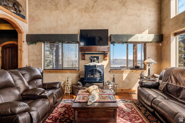 3478 E Porcupine Cir, Garden City, UT 84028 - living room featuring baseboards, a high ceiling, a wood stove, wood finished floors, and arched walkways