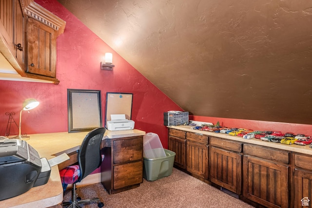 3478 E Porcupine Cir, Garden City, UT 84028 - carpeted office space with lofted ceiling, a textured ceiling, and a textured wall