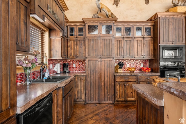 3478 E Porcupine Cir, Garden City, UT 84028 - kitchen featuring a sink, decorative backsplash, black appliances, dark wood-type flooring, and dark countertops