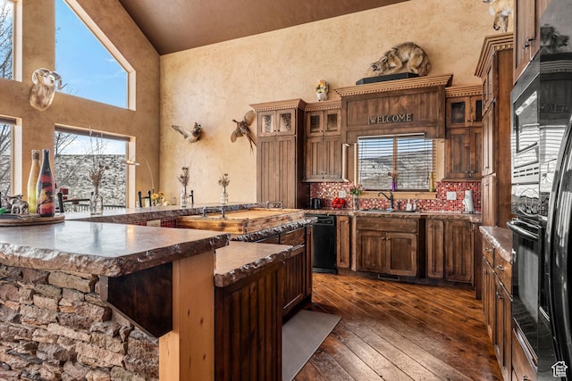 3478 E Porcupine Cir, Garden City, UT 84028 - kitchen with dark wood finished floors, a healthy amount of sunlight, backsplash, and a towering ceiling