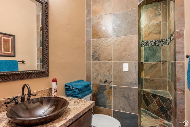 3478 E Porcupine Cir, Garden City, UT 84028 - bathroom featuring a tile shower, toilet, vanity, and a textured wall