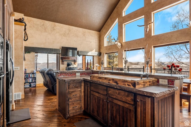3478 E Porcupine Cir, Garden City, UT 84028 - kitchen featuring visible vents, dark wood-style flooring, a towering ceiling, dark countertops, and open floor plan