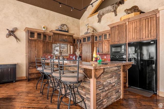3478 E Porcupine Cir, Garden City, UT 84028 - kitchen featuring dark wood-type flooring, black appliances, a towering ceiling, and rail lighting