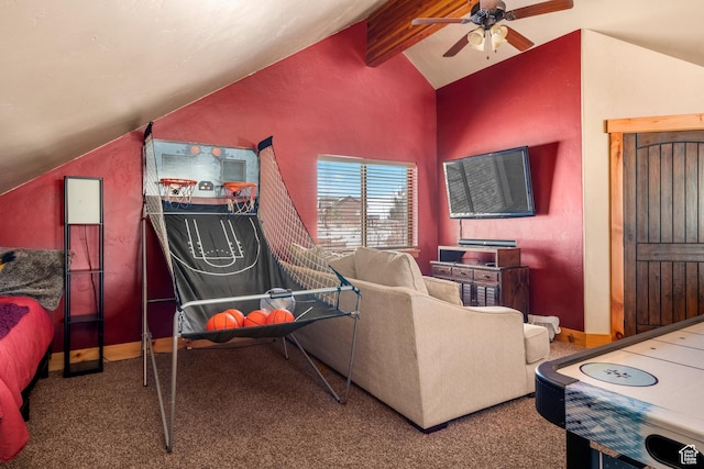 3478 E Porcupine Cir, Garden City, UT 84028 - bedroom featuring baseboards, lofted ceiling with beams, carpet, and a ceiling fan