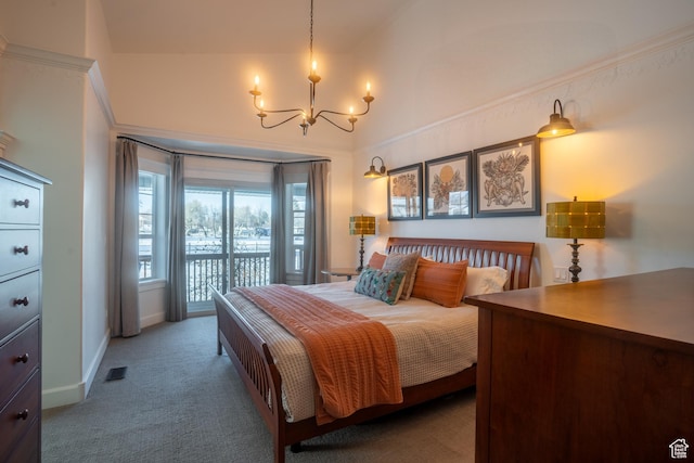 carpeted bedroom with vaulted ceiling, access to exterior, a chandelier, baseboards, and visible vents