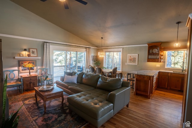 living area with a wealth of natural light, vaulted ceiling, wood finished floors, and ceiling fan