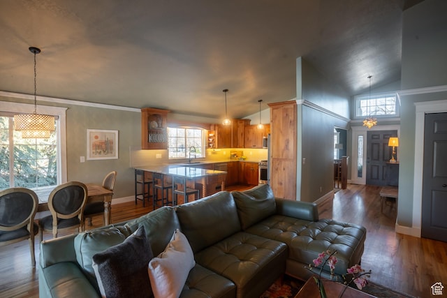 living room featuring high vaulted ceiling, baseboards, and wood finished floors