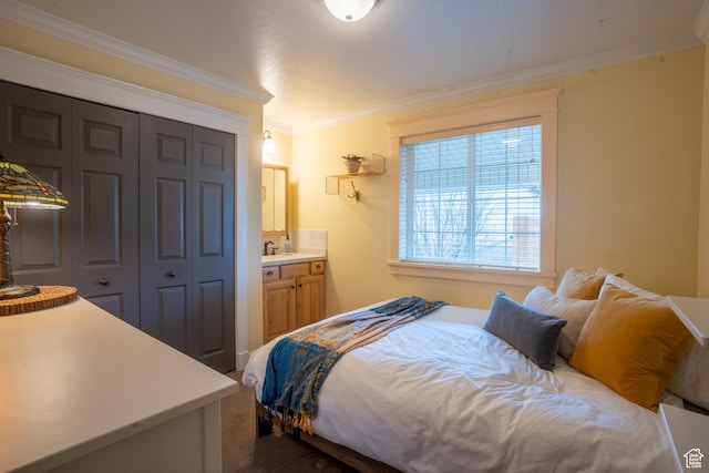 bedroom featuring ornamental molding, a closet, and ensuite bathroom