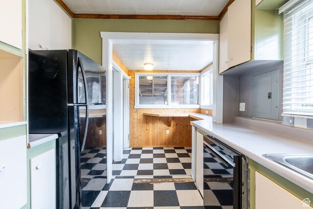 429 W Center St, Logan, UT 84321 - kitchen featuring dark floors, wine cooler, a wealth of natural light, wooden walls, and electric panel