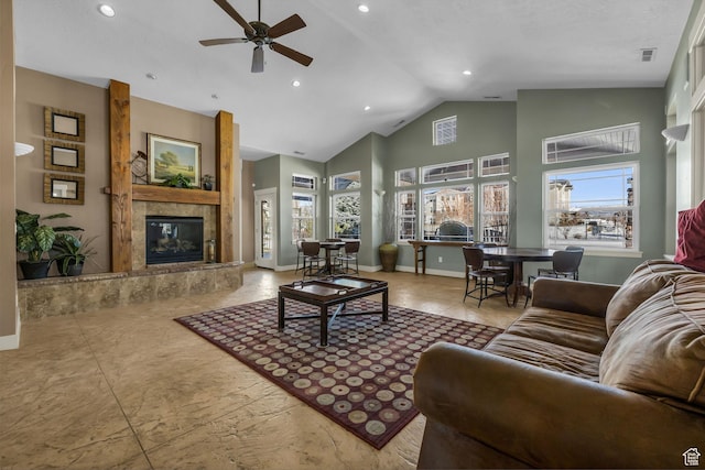 1051 S 500 E Unit E203, Heber City, UT 84032 - living area featuring ceiling fan, high vaulted ceiling, a fireplace, visible vents, and baseboards