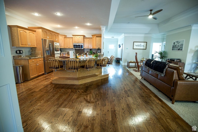 1986 Dove Dr, Santa Clara, UT 84765 - kitchen with a peninsula, a ceiling fan, appliances with stainless steel finishes, dark wood finished floors, and crown molding
