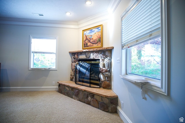 1986 Dove Dr, Santa Clara, UT 84765 - interior details with carpet, crown molding, visible vents, a stone fireplace, and baseboards