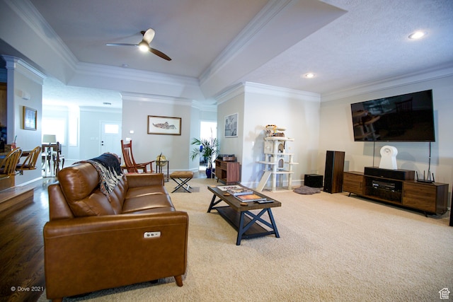 1986 Dove Dr, Santa Clara, UT 84765 - carpeted living room featuring ornamental molding, a tray ceiling, baseboards, and a ceiling fan