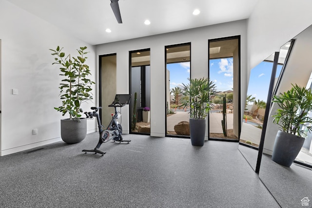 2031 E Pinnacle Dr, St George, UT 84790 - workout room featuring a ceiling fan, recessed lighting, visible vents, and baseboards