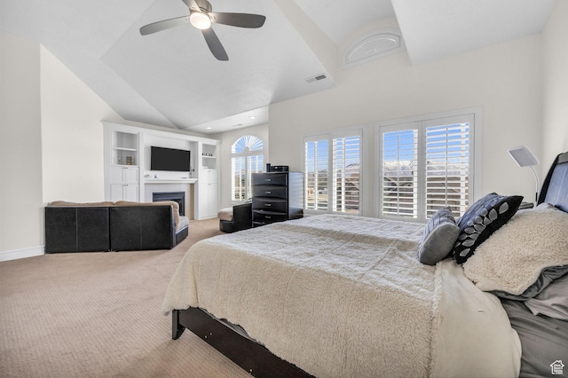 6067 S 3950 W, Roy, UT 84067 - carpeted bedroom featuring baseboards, visible vents, a ceiling fan, vaulted ceiling, and a fireplace