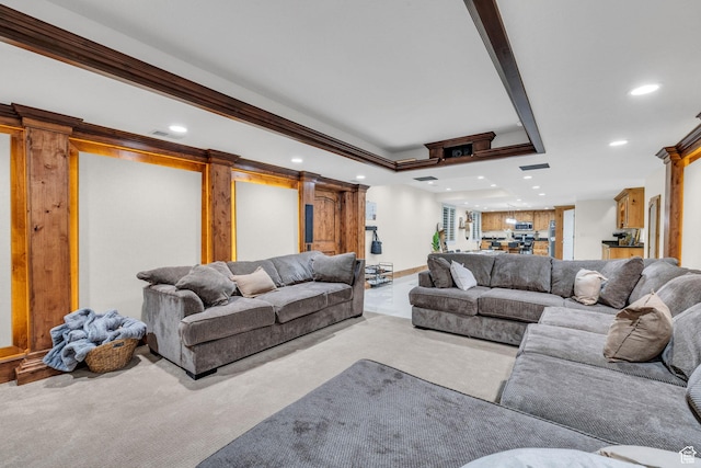 6067 S 3950 W, Roy, UT 84067 - carpeted living room with crown molding, a raised ceiling, and recessed lighting