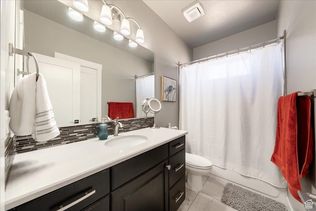 bathroom featuring tasteful backsplash, visible vents, toilet, shower / bath combination with curtain, and vanity