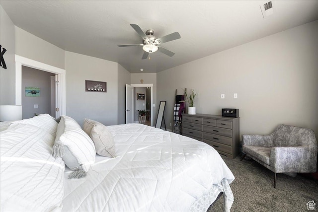 bedroom featuring carpet and ceiling fan