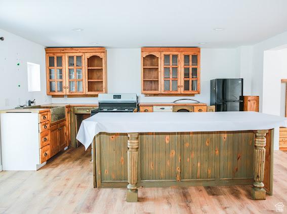 1290 Echo Crk Unit 2, Echo, UT 84024 - kitchen featuring a center island, stainless steel stove, light wood-style floors, freestanding refrigerator, and a sink