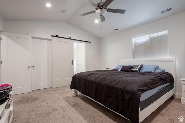 4758 E Hidden Loop Rd, Eagle Mountain, UT 84005 - bedroom featuring carpet, visible vents, lofted ceiling, and a barn door