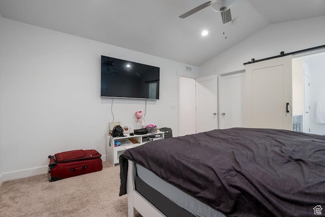 4758 E Hidden Loop Rd, Eagle Mountain, UT 84005 - bedroom featuring ceiling fan, lofted ceiling, a barn door, light carpet, and baseboards