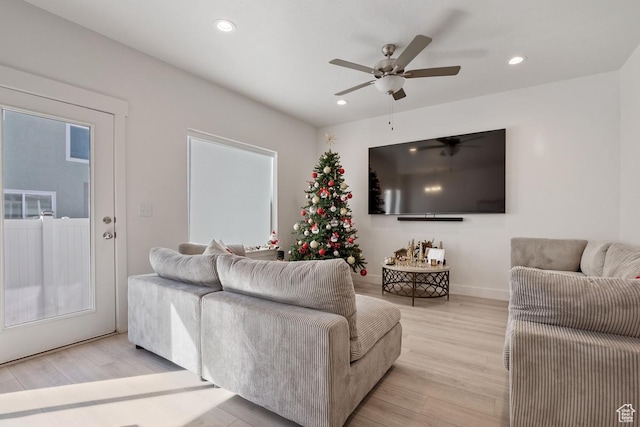 4758 E Hidden Loop Rd, Eagle Mountain, UT 84005 - living area featuring baseboards, light wood finished floors, a ceiling fan, and recessed lighting