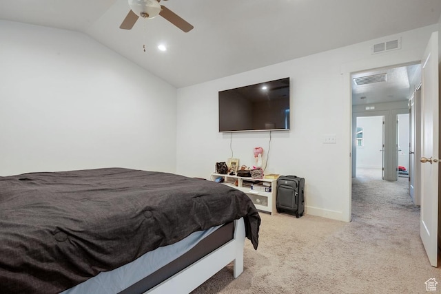 4758 E Hidden Loop Rd, Eagle Mountain, UT 84005 - bedroom featuring lofted ceiling, light colored carpet, a ceiling fan, baseboards, and visible vents
