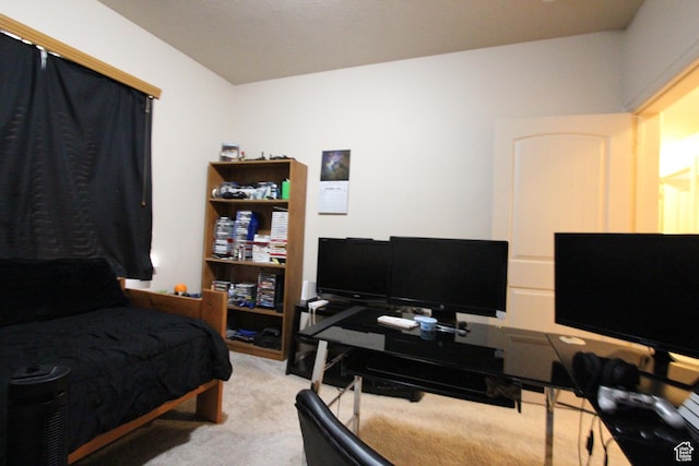bedroom with light carpet