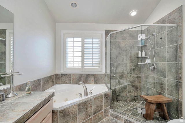 full bathroom featuring recessed lighting, a tub with jets, a shower stall, and vanity