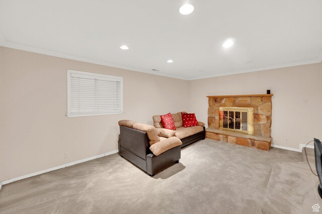 4520 S Countrylane Rd E, Millcreek, UT 84117 - carpeted living room with baseboards, ornamental molding, recessed lighting, and a stone fireplace